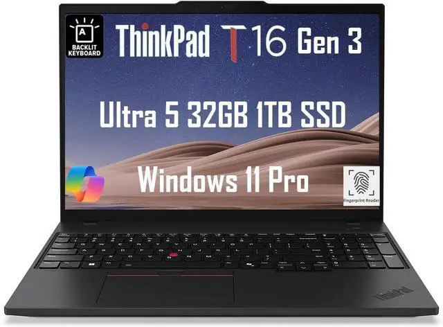 Main image of Lenovo ThinkPad T16 Gen 3 Business Laptop (16" FHD+, Intel 12-Core Ultra 5 125U (>i7-1355U), 32GB DDR5, 1TB SSD), Support 3 Monitors, Fingerprint, Backlit, 5MP Webcam, Win 11 Pro, 2025 AI PC, Black