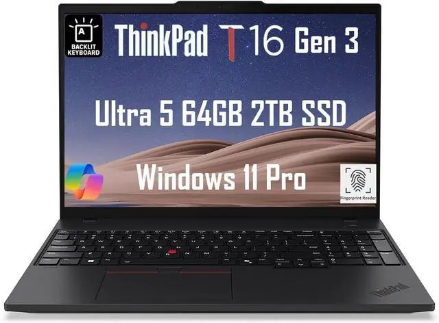 Main image of Lenovo ThinkPad T16 Gen 3 Business Laptop (16" FHD+, Intel 12-Core Ultra 5 125U (>i7-1355U), 64GB DDR5, 2TB SSD), Support 3 Monitors, Fingerprint, Backlit, 5MP Webcam, Win 11 Pro, 2025 AI PC, Black