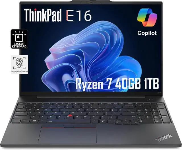 Main image of Lenovo ThinkPad E16 Business Laptop (16" FHD+ Display, AMD Ryzen 7 7735U (Beat i7-1255U), 40GB RAM, 1TB SSD) Fingerprint, Backlit, FHD Webcam, Wi-Fi, Ethernet, Win 11 Pro, Black