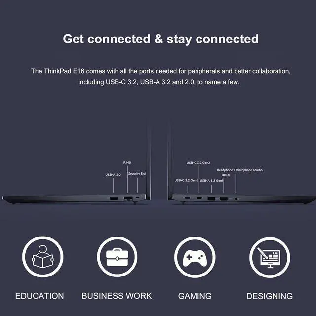 Alt view image 7 of 7 - Lenovo ThinkPad E16 Business Laptop (16" FHD+ Display, AMD Ryzen 7 7730U (> Intel i7-1255U), 16GB RAM, 512GB SSD) Fingerprint, Backlit, FHD Webcam, Wi-Fi, Ethernet, Win 11 Pro, Black