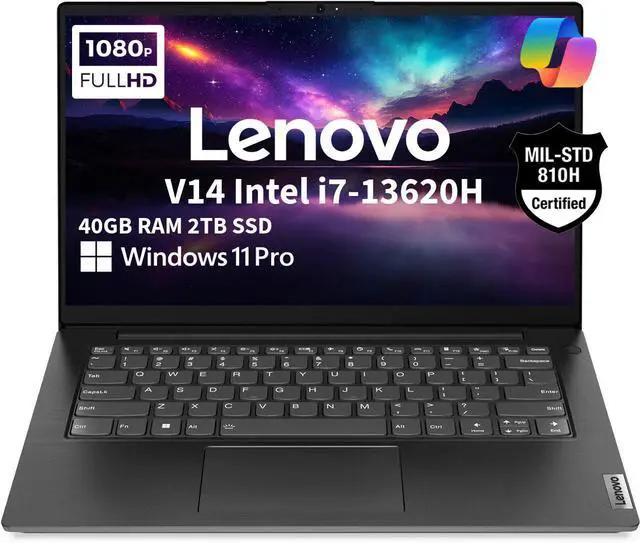 Main image of Lenovo V14 Gen 4 Business Laptop (14" FHD Anti-Glare, Intel 10-Core i7-13620H, 40GB RAM, 2TB SSD), Webcam with Privacy Shutter, Ethernet, Wi-Fi 6, HDMI, Bluetooth, Win 11 Pro w/ Copilot, Black