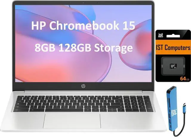 Main image of HP Chromebook 15 15.6" HD (Intel Pentium N6000, 8GB RAM, 128GB Storage (64GB eMMc + 64GB SD Card), UHD Graphics, Numeric KB) Home & Student Laptop, Anti-Glare, Webcam, Wi-Fi, Chrome OS, Silver