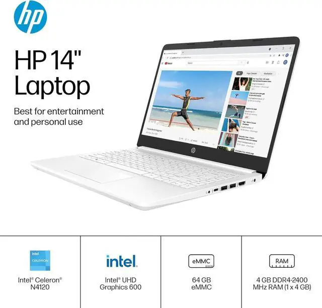 Alt view image 3 of 7 - HP 14" Ultra Light Laptop for Student & Home (Intel Quad-Core N4120, 8GB RAM, 128GB(64GB + 64GB SD), 1-Year Office 365) 11-Hrs Long Battery Life, Webcam, WiFi, Win 11 Home in S Mode - Snow White