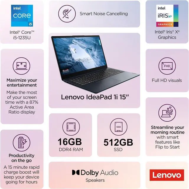 Alt view image 2 of 7 - Lenovo IdeaPad 1 (15.6" FHD Anti-Glare, Intel Core i5-1235U (> i7-1165G7), 16GB RAM, 512GB SSD), Laptop for Home, Student, Business, Webcam w/ Shutter, 10-Hour Long Battery Life, Win 11 Home in S Mode