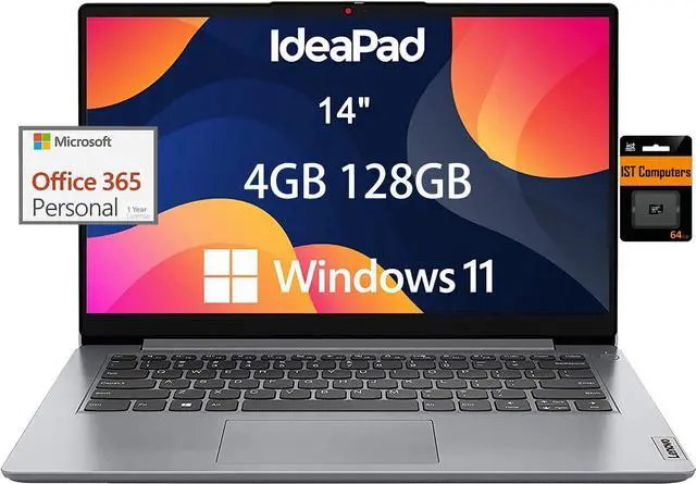 Main image of Lenovo IdeaPad Ultra Light Laptop for Student & Home (14" Anti-Glare, Intel Dual Core Processor, 4GB RAM, 128GB Storage (64GB+ 64GB SD)), 1 Year Office 365, Webcam, Wi-Fi 6, Win 11 Home in S, Grey