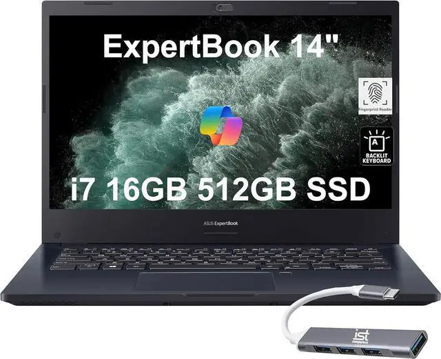 Main image of ASUS ExpertBook Thin & Light Business Laptop (14" FHD, Intel Core i7, 16GB RAM, 512GB PCIe SSD) for Small Business, Traveling, Engineering, Backlit Keyboard, IST Hub, Win 11 Pro w/AI Copilot, Black