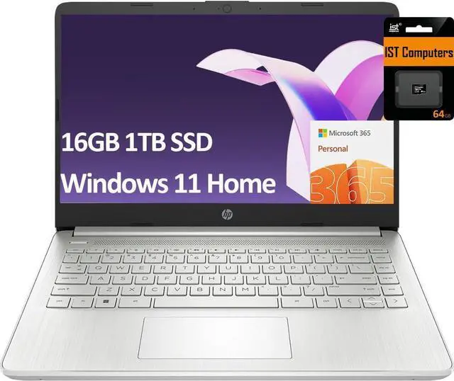 Main image of HP 14" Ultra-Light Laptop for Student & Home (Narrow-Bezel Display, Intel Pentium N5030, 16GB RAM, 1TB SSD, 1-Year Office 365) 11-Hr Long Battery Life, Webcam, Wi-Fi, IST Card, Win 11 Home, Silver