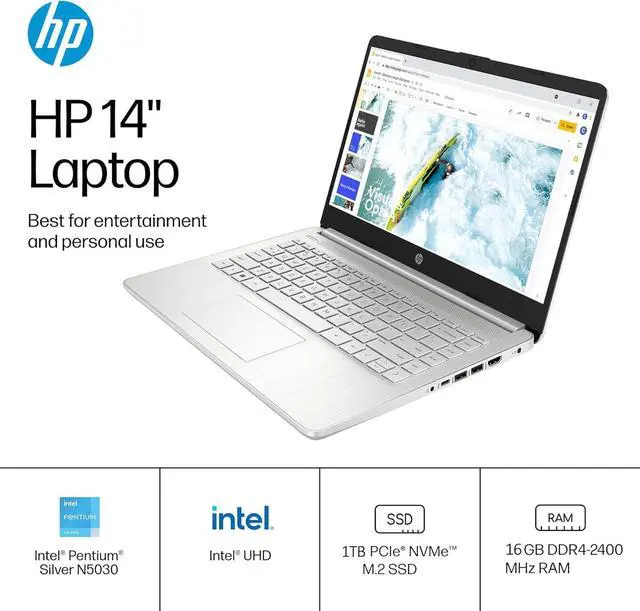 Alt view image 3 of 7 - HP 14" Ultra-Light Laptop for Student & Home (Narrow-Bezel Display, Intel Pentium N5030, 16GB RAM, 1TB SSD, 1-Year Office 365) 11-Hr Long Battery Life, Webcam, Wi-Fi, IST Card, Win 11 Home, Silver