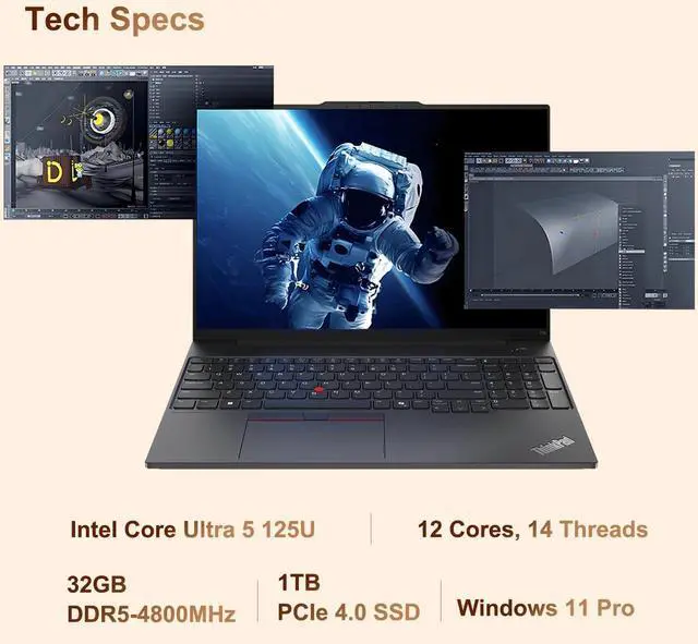 Alt view image 2 of 7 - Lenovo ThinkPad E16 Gen 2 Business AI PC Laptop (16" FHD+ Touchscreen, Intel 12-Core Ultra 5 125U, 32GB DDR5 RAM, 1TB SSD) Backlit KB, Fingerprint Reader, Webcam, Wi-Fi 6E, Ethernet, Win 11 Pro, 2025