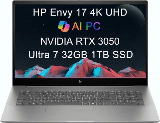 Main image of HP Envy 17 AI PC Laptop (17.3" 4K UHD (3840 x 2160), NVIDIA RTX 3050, Intel Core Ultra 7 155U (> i9-12900H), 32GB DDR5, 1TB SSD) for Business, Creator, Designer, IR Webcam, Wi-Fi 7, Win 11 Pro, 2025