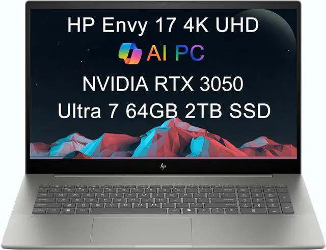 Main image of HP Envy 17 AI PC Laptop (17.3" 4K UHD (3840 x 2160), NVIDIA RTX 3050, Intel Core Ultra 7 155U (> i9-12900H), 64GB DDR5, 2TB SSD) for Business, Creator, Designer, IR Webcam, Wi-Fi 7, Win 11 Pro, 2025
