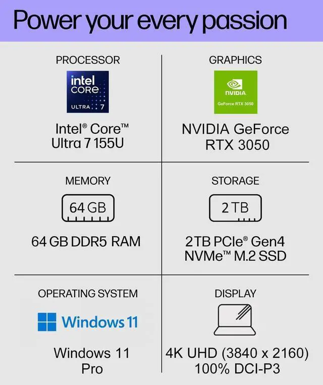 Alt view image 2 of 7 - HP Envy 17 AI PC Laptop (17.3" 4K UHD (3840 x 2160), NVIDIA RTX 3050, Intel Core Ultra 7 155U (> i9-12900H), 64GB DDR5, 2TB SSD) for Business, Creator, Designer, IR Webcam, Wi-Fi 7, Win 11 Pro, 2025