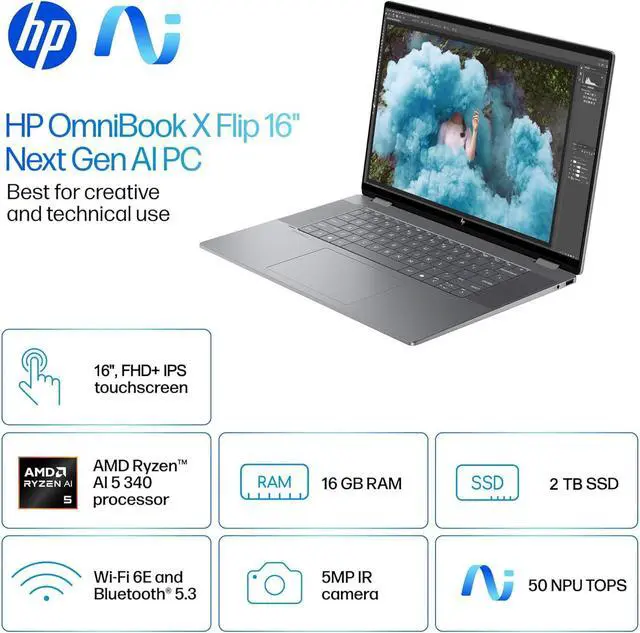 Alt view image 2 of 7 - HP OmniBook X Flip x360 2 in 1 Touchscreen Laptop (16" FHD+, AMD Ryzen AI 5 340 (> Intel i7-1355U), 16GB 7500 MT/s, 2TB SSD) AI Copilot+ PC for Creator, Designer, IR Webcam, Backlit, Win 11 Pro,2025
