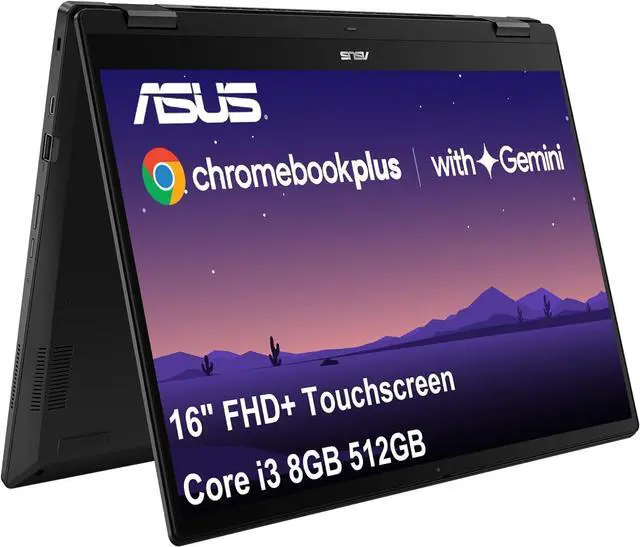 Main image of ASUS Chromebook Plus Flip CX5, 16" FHD+ 2 in 1 Touchscreen Laptop, Intel 6-Core i3-1215U (> i5-1135G7), 8GB RAM, 512GB SSD, Google AI for Student, Home, Business, Number Pad, Privacy Webcam, Chrome OS