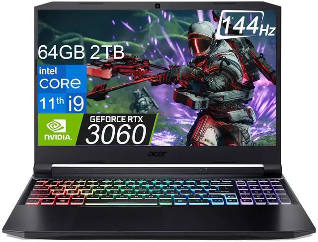 Main image of acer Nitro  Gaming Laptop (i9-11900H, 64GB RAM, 2TB PCIe SSD, NVIDIA GeForce RTX 3060 6GB, 15.6" FHD 144Hz IPS), 4-Zone RGB Backlit, Webcam, WiFi 6, Ray Tracing, Win 11 Home, Black
