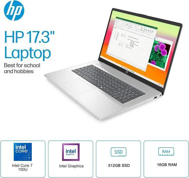 Alt view image 2 of 7 - HP 17 Laptop (17.3" HD+ Touchscreen, Intel 10-Core 7 150U (> i7-1355U), 16GB RAM, 512GB SSD) for Business, Home, Students, Narrow Bezel, Webcam, Wi-Fi 6, Fast Charge, Win 11 Pro w/ Copilot, Silver