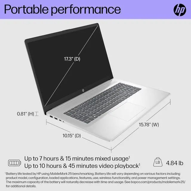Alt view image 4 of 7 - HP 17 Laptop (17.3" HD+ Touchscreen, Intel 10-Core 7 150U (> i7-1355U), 16GB RAM, 512GB SSD) for Business, Home, Students, Narrow Bezel, Webcam, Wi-Fi 6, Fast Charge, Win 11 Pro w/ Copilot, Silver