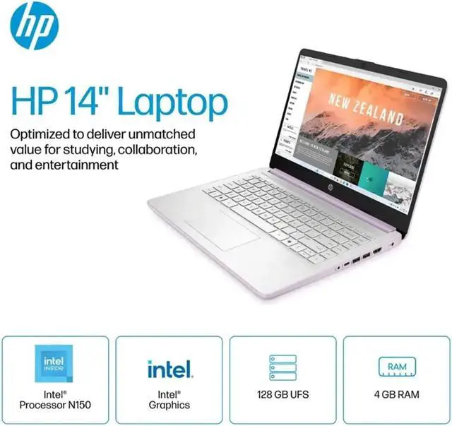Alt view image 2 of 7 - HP 14 Ultra-Light Laptop for Student & Home (14" LED Display, 1-Year Office 365, Intel 4-Core N150 (>N4120), 4GB RAM, 128GB Storage), Long Battery Life, Fast Charge, Webcam, Win 11 S, 2025, Lavender