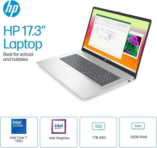 Alt view image 2 of 7 - HP 17 Laptop (17.3" HD+ Touchscreen, Intel 10-Core 7 150U (> i7-1355U), 32GB RAM, 1TB SSD) for Business, Home, Students, Narrow Bezel, Webcam, Wi-Fi 6, Fast Charge, Win 11 Pro w/ Copilot, Silver