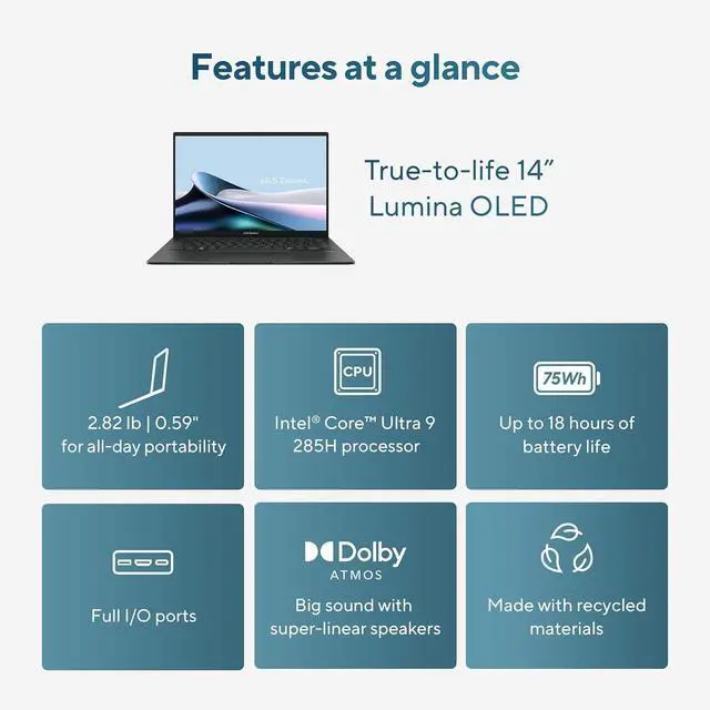 Alt view image 2 of 7 - ASUS Zenbook 14 AI PC Touchscreen Laptop, Intel Ultra 9 285H, 32GB DDR5, 1TB SSD, 14" FHD+ OLED, 16-Core (> i9-13900H), Backlit, 2x Thunderbolt 4, Wi-Fi 7, 18-Hr Battery, IR Webcam, Win 11 Pro, UX3405