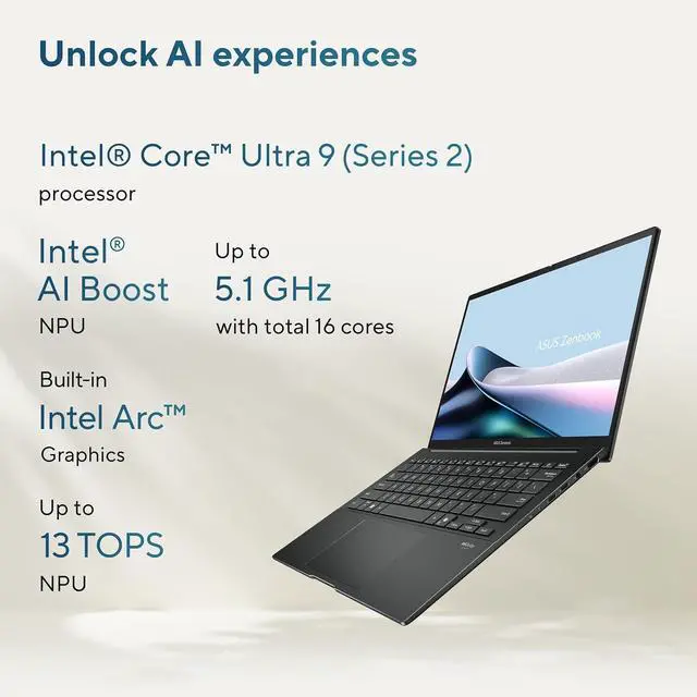 Alt view image 4 of 7 - ASUS Zenbook 14 AI PC Touchscreen Laptop, Intel Ultra 9 285H, 32GB DDR5, 1TB SSD, 14" FHD+ OLED, 16-Core (> i9-13900H), Backlit, 2x Thunderbolt 4, Wi-Fi 7, 18-Hr Battery, IR Webcam, Win 11 Pro, UX3405
