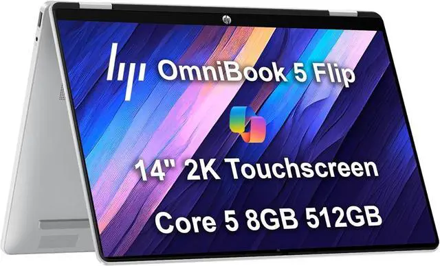 Main image of HP OmniBook 5 Flip X360 2-in-1 Laptop (14" 2K IPS Touchscreen, Intel 10-Core 5 120U (> i7-1255U), 8GB DDR5, 512GB SSD) for Business, Students, Backlit, IR Webcam, 21-Hr Battery Life, Win 11 Pro,2025