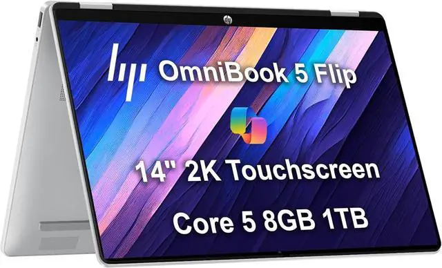 Main image of HP OmniBook 5 Flip X360 2-in-1 Laptop (14" 2K IPS Touchscreen, Intel 10-Core 5 120U (> i7-1255U), 8GB DDR5, 1TB SSD) for Business, Students, Backlit, IR Webcam, 21-Hr Battery Life, Win 11 Pro, 2025