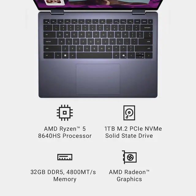 Alt view image 2 of 7 - Dell Inspiron 14 2-in-1 Touchscreen Laptop (14" FHD+ IPS, 32GB DDR5 RAM, 1TB SSD, AMD Ryzen 5 8640HS (> intel i7-1255U)) For Business, Students, FP, Backlit, FHD Webcam, Inspiron 7445, Win 11 Pro