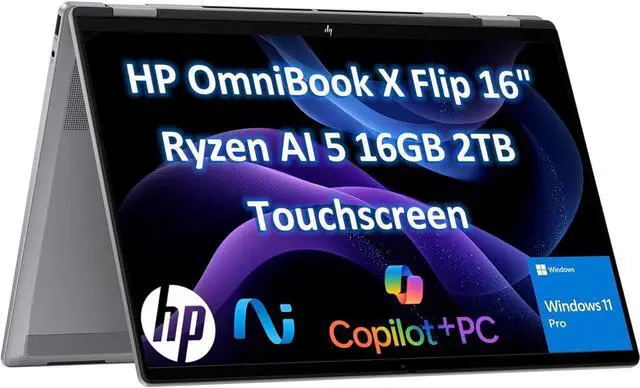 Main image of HP OmniBook X Flip x360 2 in 1 Touchscreen Laptop (16" FHD+, AMD Ryzen AI 5 340 (> Intel i7-1355U), 16GB 7500 MT/s, 2TB SSD) AI Copilot+ PC for Creator, Designer, IR Webcam, Backlit, Win 11 Pro,2025