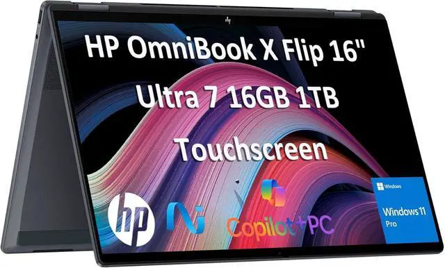 Main image of HP OmniBook X Flip x360 2-in-1 Touchscreen Laptop (16" FHD+, Intel Core Ultra 7 256V, 16GB 8533 MT/s, 1TB SSD, Arc 140v GPU (8GB)) AI Copilot+ PC for Creator, Designer, 5MP IR Webcam, Win 11 Pro,2025