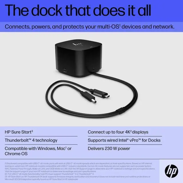 Alt view image 2 of 7 - HP Thunderbolt 4 Dock 280W G4 (4J0G4AA), 13-in-1 USB C Docking Station with Max 230W Charging, 4X 4K Displays, Ethernet Port, 6 USB Ports, HDMI, 2 Displayport for Laptop, MacOS, ChromeOS, PC