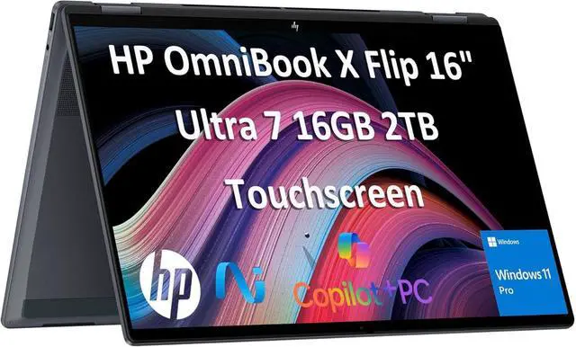 Main image of HP OmniBook X Flip x360 2-in-1 Touchscreen Laptop (16" FHD+, Intel Core Ultra 7 256V, 16GB 8533 MT/s, 2TB SSD, Arc 140v GPU (8GB)) AI Copilot+ PC for Creator, Designer, 5MP IR Webcam, Win 11 Pro,2025