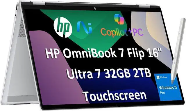Main image of HP OmniBook 7 Flip x360 2 in 1 Laptop (16" FHD+ Touchscreen, Intel Core Ultra 7 258V, 32GB RAM, 2TB SSD, Arc 140v GPU (16GB), Pen) AI Copilot+ PC for Designer, WiFi 7, Win 11 Pro, Previously Envy x360