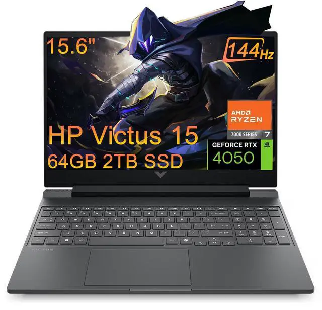 Main image of HP Victus 15 Gaming Laptop (15.6" FHD 144Hz Anti-glare, AMD Ryzen 7 7445HS (> Intel i7-13700H), 64GB DDR5 RAM, 2TB SSD, NVIDIA GeForce RTX 4050 6GB), Backlit KB, Ethernet, Webcam, Wi-Fi 6, Win 11 Home