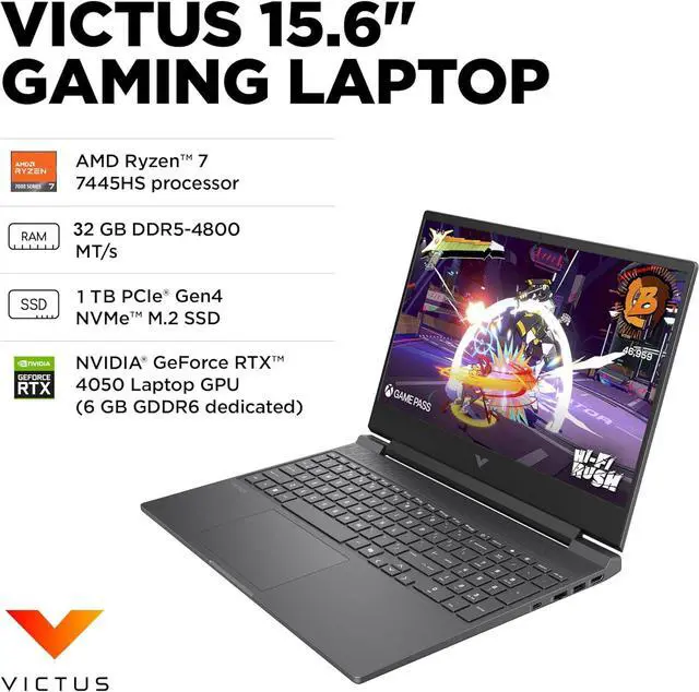 Alt view image 2 of 7 - HP Victus 15 Gaming Laptop (15.6" FHD 144Hz Anti-glare, AMD Ryzen 7 7445HS (> Intel i7-13700H), 64GB DDR5 RAM, 2TB SSD, NVIDIA GeForce RTX 4050 6GB), Backlit KB, Ethernet, Webcam, Wi-Fi 6, Win 11 Home