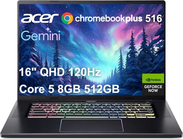 Main image of Acer Chromebook Plus 516 GE Laptop (16" 3K 120Hz, Intel Core 5 120U, 8GB RAM, 512GB SSD, NVIDIA GeForce NOW, 2TB Cloud Storage, (10-Core>i7-1165G7)) Cloud Gaming, RGB Backlit, 1080p Webcam, Chrome OS