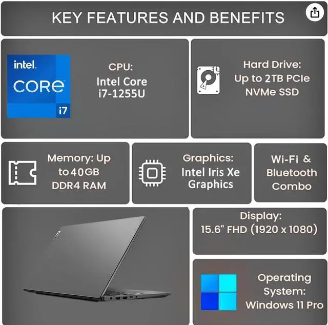 Alt view image 2 of 7 - Lenovo Laptop V15 for Business (15.6" FHD Anti-Glare, Intel i7-1255U, 40GB RAM, 2TB PCIe SSD) Webcam w/ Shutter, Military Grade, Numeric Keypad, Type-C, Ethernet, Wi-Fi, Win 11 Pro, Grey - 2024