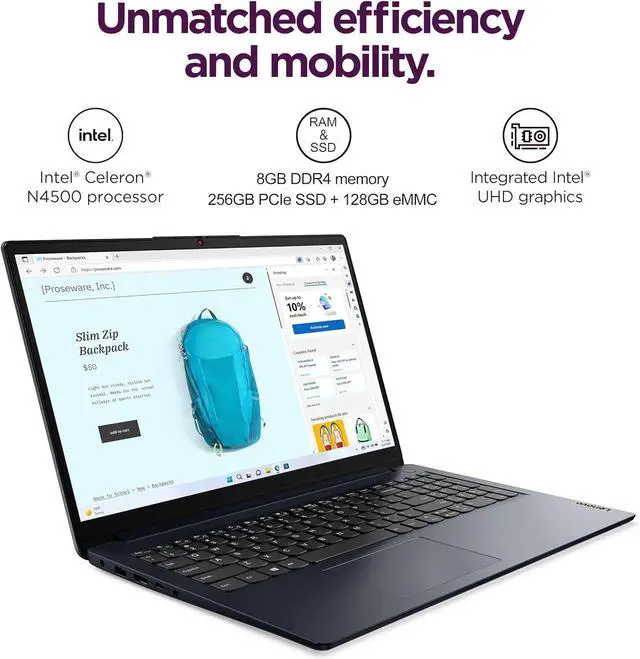 Alt view image 2 of 7 - Lenovo IdeaPad 1 Home & Student Laptop (15.6" HD Anti-Glare, 8GB RAM, 256GB SSD, 1 Year Office 365, Intel Dual Core Processor) Numeric Keypad, Webcam, Wi-Fi 6, HDMI, Win 11 Home in S Mode, Abyss Blue