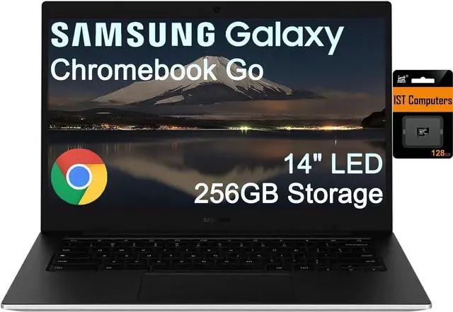 Main image of SAMSUNG Galaxy Chromebook Go Laptop (14" LED, Intel Celeron N4500, 256GB Storage (128GB eMMC+128GB SD Card)) For Home & Student, 12-Hr Long Battery, Spill-Resistant, Webcam, Wi-Fi 6, Chrome OS, Silver
