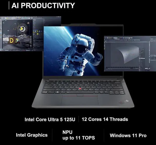 Alt view image 2 of 7 - Lenovo ThinkPad E14 Gen 6 Business AI PC Laptop (14" FHD+ Anti-Glare, Intel 12-Core Ultra 5 125U (> i7-1355U), 32GB DDR5 RAM, 1TB SSD) Backlit, Fingerprint, 1080p Webcam, Thunderbolt 4, Win 11 Pro