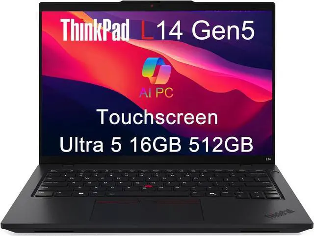 Main image of Lenovo ThinkPad L14 Gen 5 Business AI PC Laptop (14" FHD+ Touchscreen, Intel 12-Core Ultra 5 135U (> i7-1355U), 16GB DDR5 RAM, 512GB SSD) Fingerprint, Backlit, 5MP IR Webcam, Thunderbolt 4, Win 11 Pro