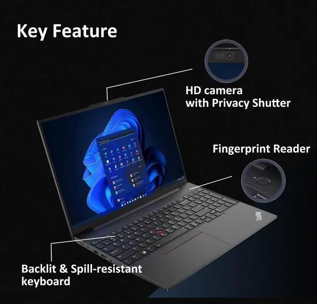 Alt view image 3 of 7 - Lenovo ThinkPad E16 Gen 2 Business Laptop (16" FHD+ Touchscreen, AMD Ryzen 5 7535U (> Intel i7-1255U), 32GB DDR5 RAM, 1TB SSD) Fingerprint, Backlit, Webcam, Ethernet, Win 11 Pro w/ Copilot, Black