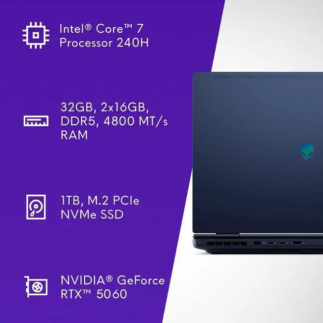 Alt view image 2 of 7 - Alienware 16 Aurora Gaming Laptop (16" QHD+ 120Hz, Intel 10-Core 7 240H, 32GB DDR5 RAM, 1TB SSD, NVIDIA GeForce RTX 5060 8GB), White Backlit Keyboard, Wi-Fi 7, Ethernet, Webcam, Win 11 Home, 2025