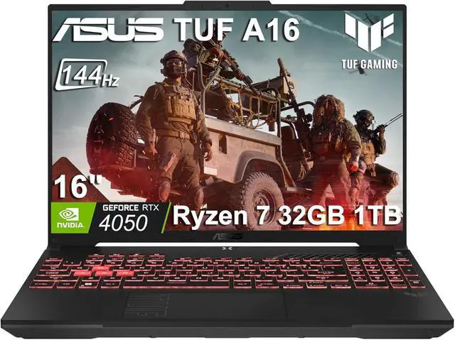 Main image of ASUS TUF A16 Gaming Laptop (16" FHD+ G-SYNC 144Hz Display, AMD Ryzen 7 7445HS (> i7-12650H), 32GB DDR5 RAM, 1TB SSD, NVIDIA RTX 4050 6GB), RGB Backlit Keyboard, Webcam, Ethernet, Wi-Fi 6, Win 11 Home