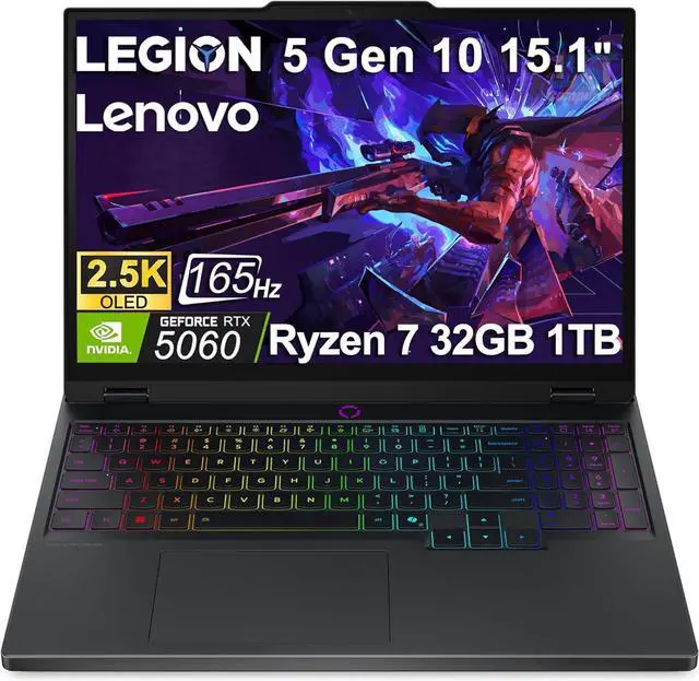 Main image of Lenovo Legion 5 Gaming Laptop (15.1" 2.5K OLED G-SYNC 165Hz, NVIDIA RTX 5060 8GB, AMD Ryzen 7 260 (> i7-1355U), 32GB DDR5, 1TB SSD), 24-Zone RGB Backlit, Wi-Fi 7, 5MP Webcam, Ethernet, Win 11 Home