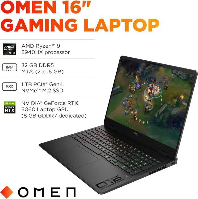 Alt view image 2 of 7 - HP OMEN 16 Gaming Laptop (16" WUXGA 144Hz, NVIDIA RTX 5060 8GB, AMD Ryzen 9 8940HX 32 threads (> Intel Ultra 7 255H), 32GB DDR5 RAM, 2TB SSD), 4-Zone RGB Backlit KB, IR Webcam, Wi-Fi 6E, Win 11 Home