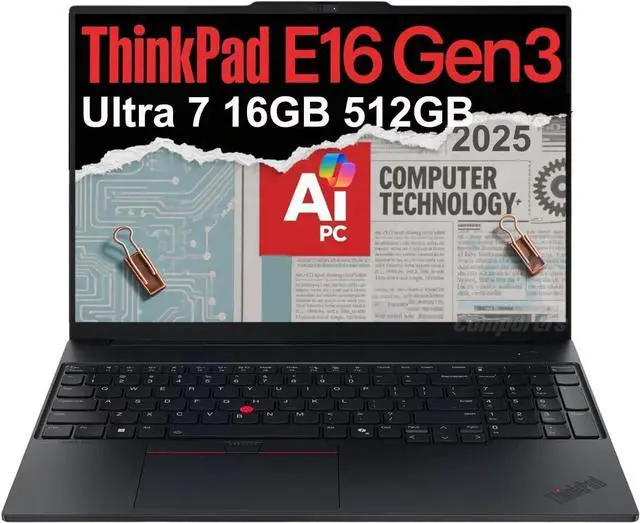 Main image of Lenovo ThinkPad E16 Gen 3 Business AI PC Laptop (16" FHD+ Anti-Glare, Intel 16-Core Ultra 7 255H (> i9-13900H), 16GB DDR5 RAM, 512GB SSD) Fingerprint, 5MP Webcam, Thunderbolt 4, Win 11 Pro, 2025