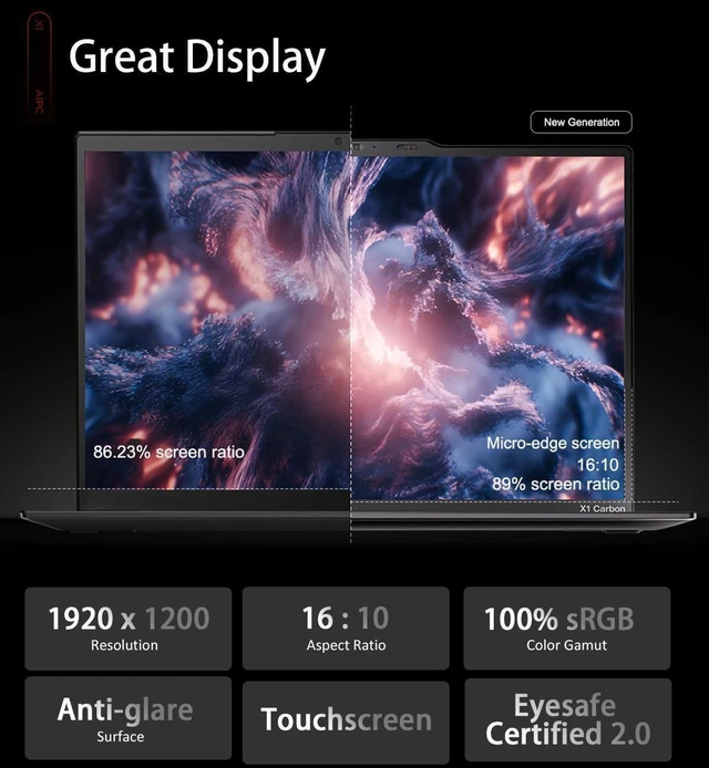 Alt view image 3 of 7 - Lenovo ThinkPad X1 Carbon Gen 12 Laptop (14" FHD+ Touchscreen, Intel Core Ultra 7 155U, 32GB 6400MHz DDR5, 1TB SSD), Backlit, Fingerprint Reader, IR Webcam, Thunderbolt 4, 3-Yr WRT, Win 11 Pro, AI PC