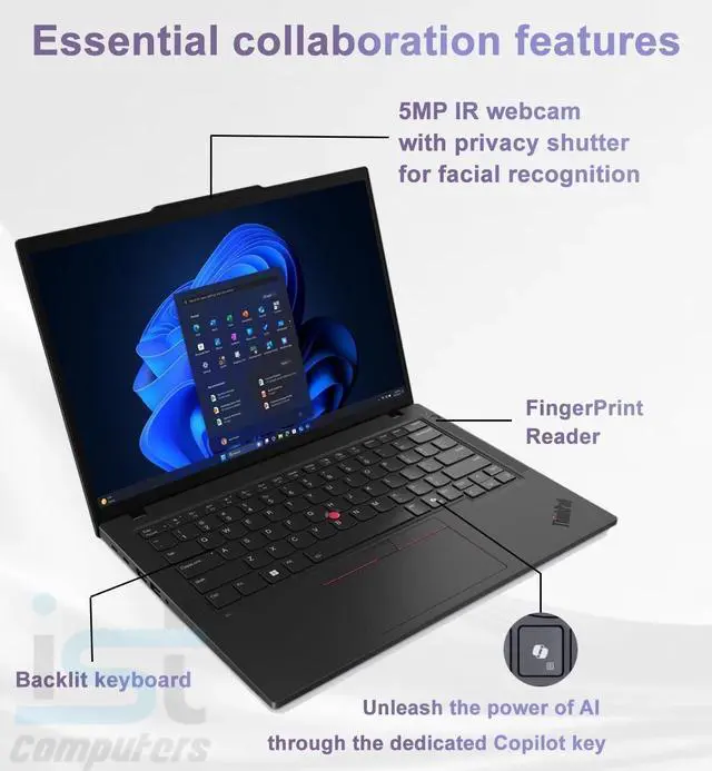 Alt view image 3 of 7 - Lenovo ThinkPad T14 Gen 6 Business AI PC Laptop (14" FHD+, Intel 12-Core Ultra 7 255U (> i7-13700H), 16GB DDR5 RAM, 512GB SSD), Fingerprint, Backlit, 5MP IR Webcam, 2x Thunderbolt 4, RJ-45, Win 11 Pro