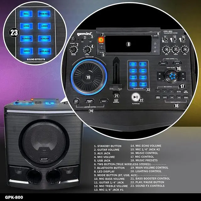 Alt view image 2 of 12 - Gemini GPK-800 Big DJ LED Karaoke Party Bluetooth Speakers with Lights Subwoofer